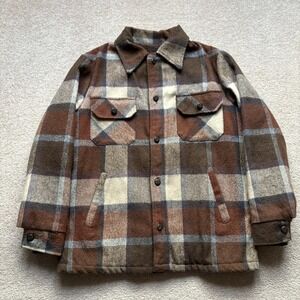 Vtg JCPenney Jacket Mens Medium Brown Plaid Fleece Lined Flannel 70s Cottage